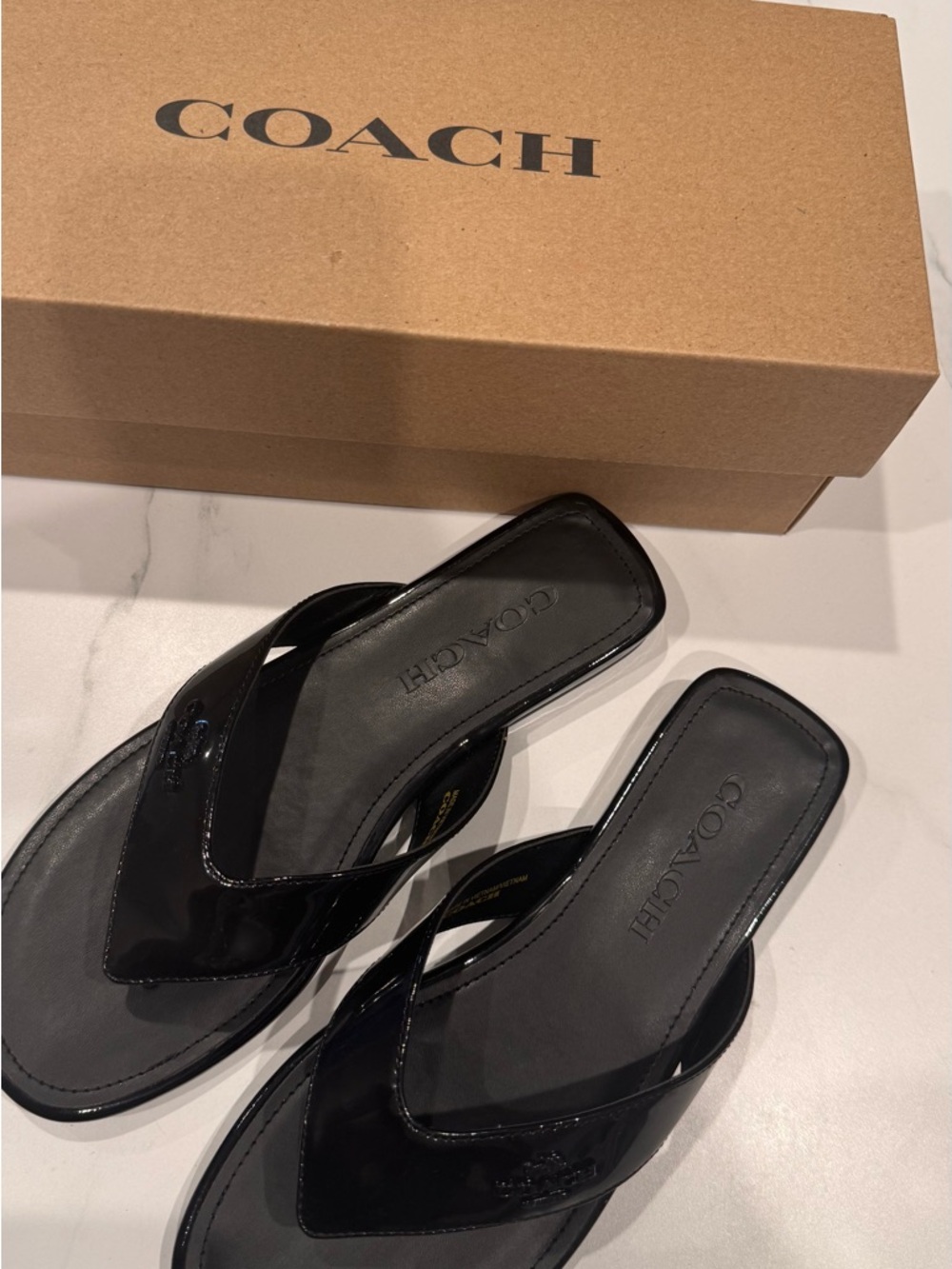 Coach Black Patent Leather Thong Sandals with Embossed Logo - Picture 8 of 8